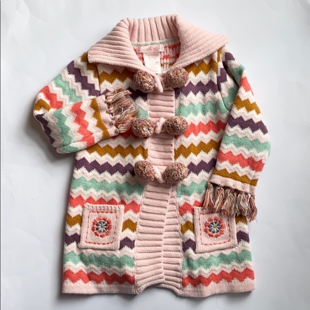 Maggie & Zoe Zig Zag Cotton Pom Pom Fringe Cardigan Toddler Size 18 mos.